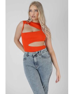 Asymmetric Cut Away Bodysuit Orange