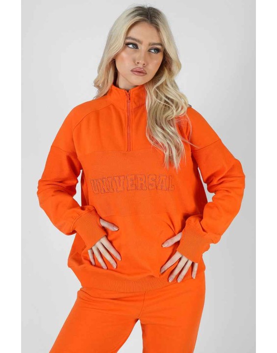 Universal Reverse Panel Half Zip Pullover Sweatshirt Orange