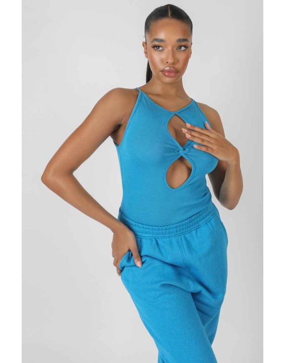Twist Keyhole Sleeveless Bodysuit Blue