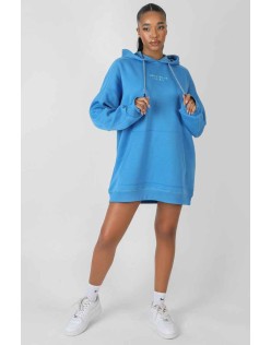 Contrast Stitch Slogan Hoodie Sweat Dress Blue