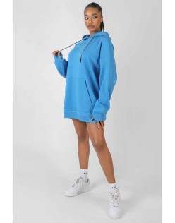 Contrast Stitch Slogan Hoodie Sweat Dress Blue