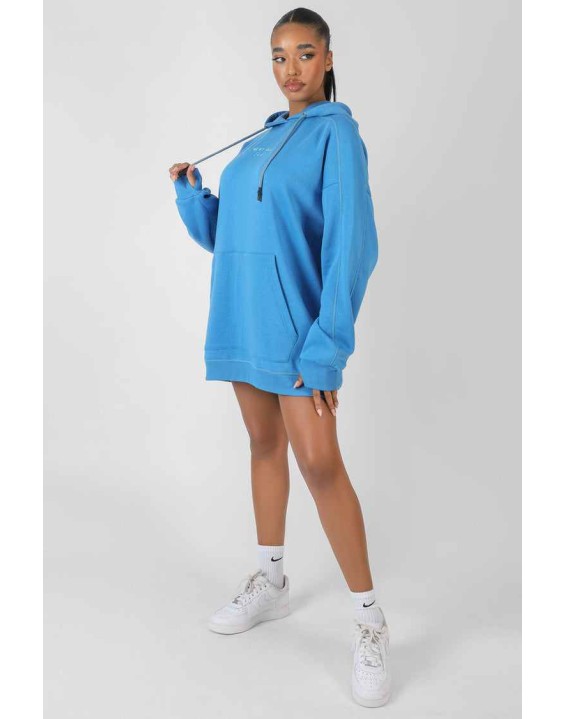Contrast Stitch Slogan Hoodie Sweat Dress Blue