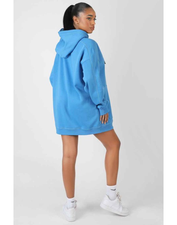 Contrast Stitch Slogan Hoodie Sweat Dress Blue