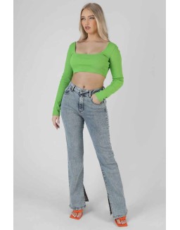 Long Sleeve Square Neck Crop Top Green