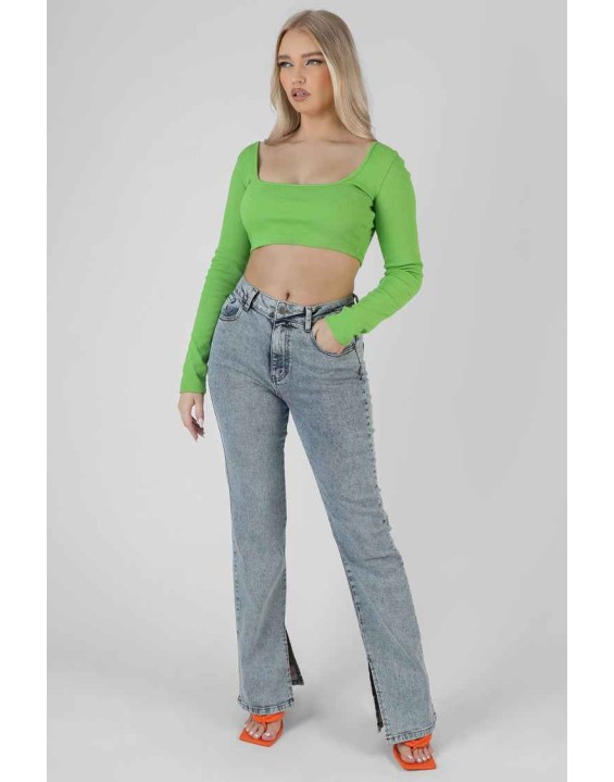 Long Sleeve Square Neck Crop Top Green