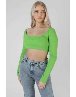 Long Sleeve Square Neck Crop Top Green