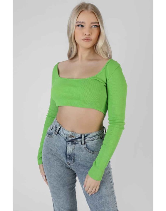 Long Sleeve Square Neck Crop Top Green