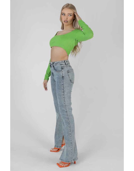 Long Sleeve Square Neck Crop Top Green