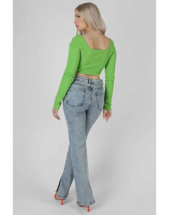 Long Sleeve Square Neck Crop Top Green