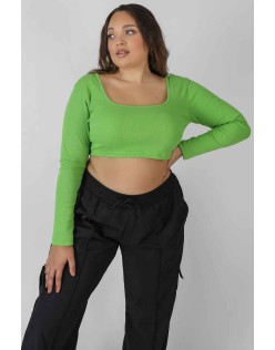 Curve Long Sleeve Square Neck Crop Top Green