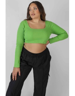 Curve Long Sleeve Square Neck Crop Top Green