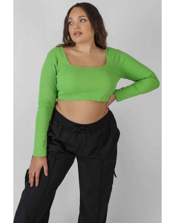 Curve Long Sleeve Square Neck Crop Top Green