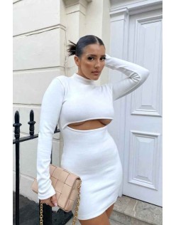 Long Sleeve Waist Cut Out Mini Dress Ivory