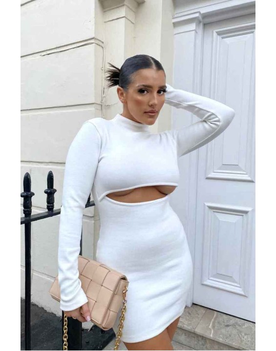 Long Sleeve Waist Cut Out Mini Dress Ivory
