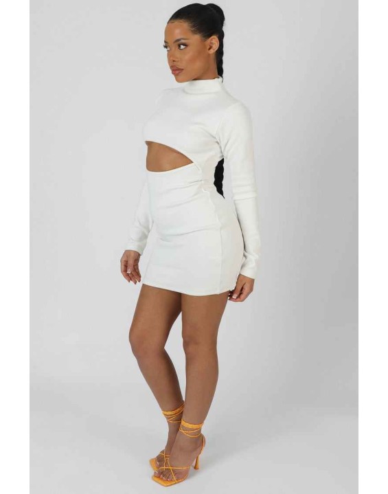 Long Sleeve Waist Cut Out Mini Dress Ivory