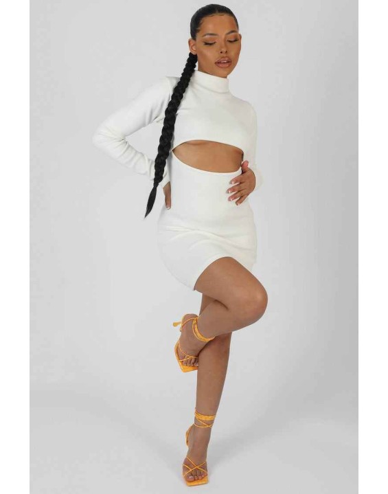 Long Sleeve Waist Cut Out Mini Dress Ivory