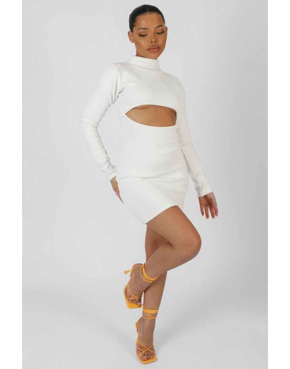 Long Sleeve Waist Cut Out Mini Dress Ivory