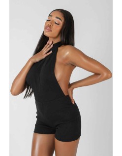 Sleeveless Short Ribbed Backless Unitard Black