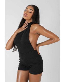 Sleeveless Short Ribbed Backless Unitard Black