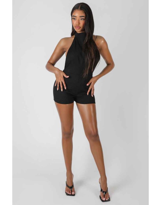 Sleeveless Short Ribbed Backless Unitard Black