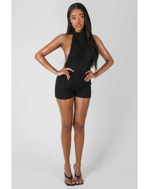 Sleeveless Short Ribbed Backless Unitard Black