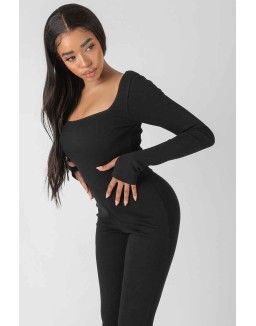 Long Sleeve Square Neck Ribbed Jumpsuit Black