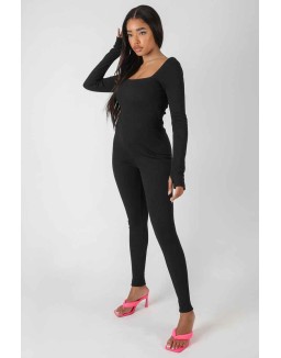 Long Sleeve Square Neck Ribbed Jumpsuit Black