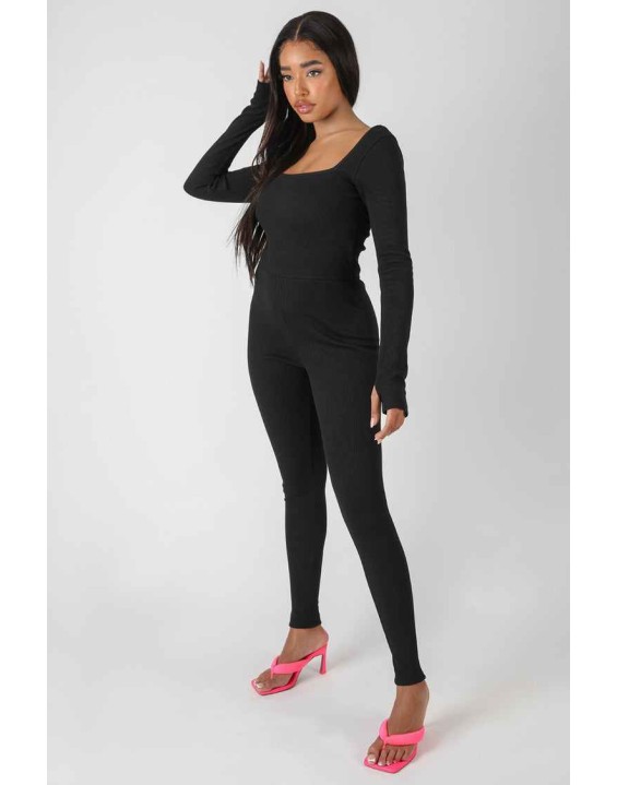 Long Sleeve Square Neck Ribbed Jumpsuit Black