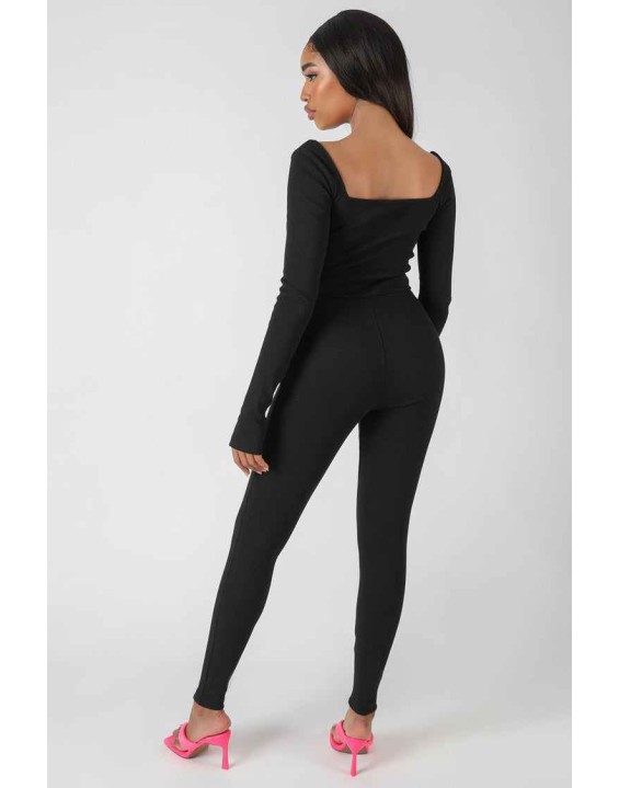 Long Sleeve Square Neck Ribbed Jumpsuit Black