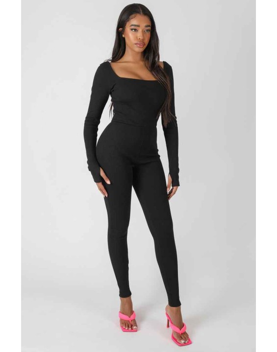Long Sleeve Square Neck Ribbed Jumpsuit Black