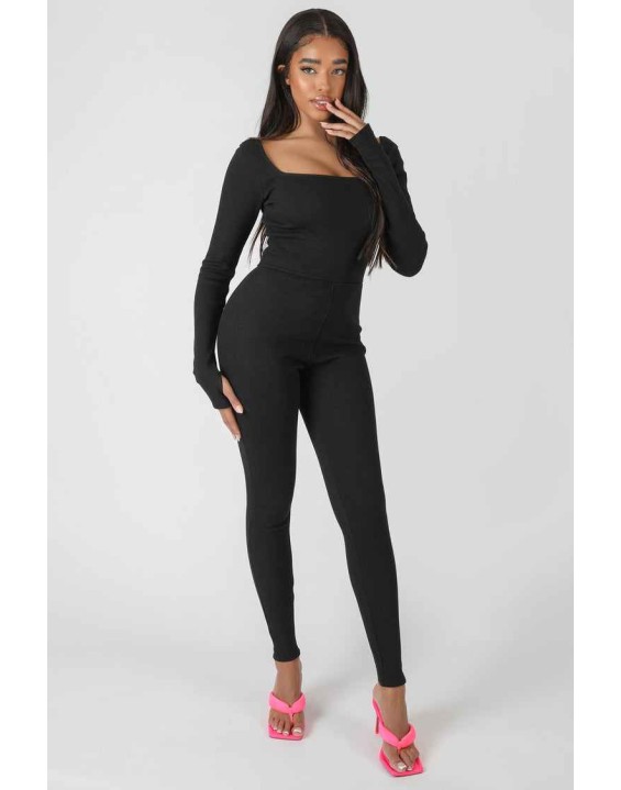 Long Sleeve Square Neck Ribbed Jumpsuit Black