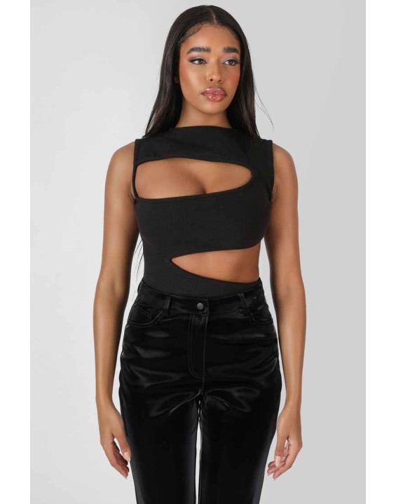 Asymmetric Cut Away Bodysuit Black