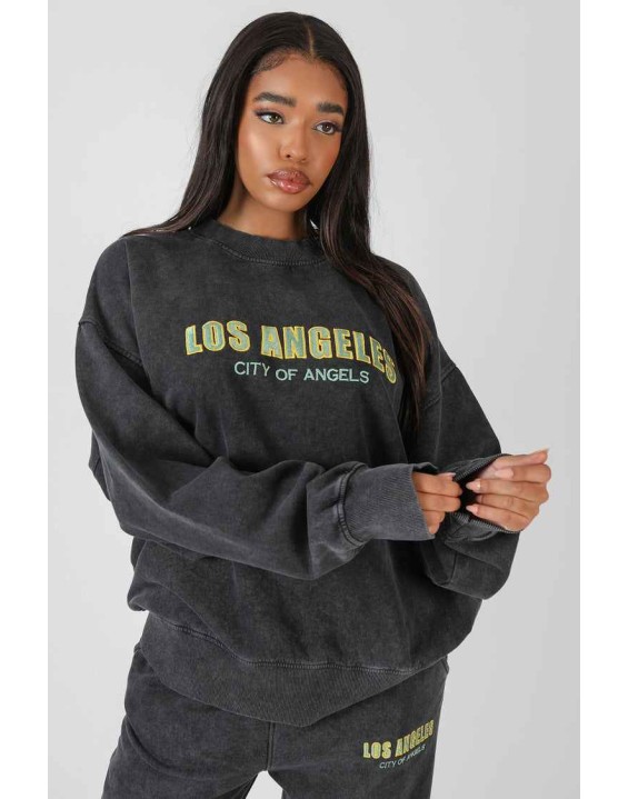 Los Angeles Acid Wash Oversized Sweatshirt Grey