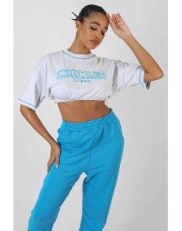 Chicago Elasticated Hem Cropped T-Shirt Oatmeal Marl