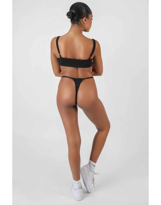 Cut Out V Front Thong Black