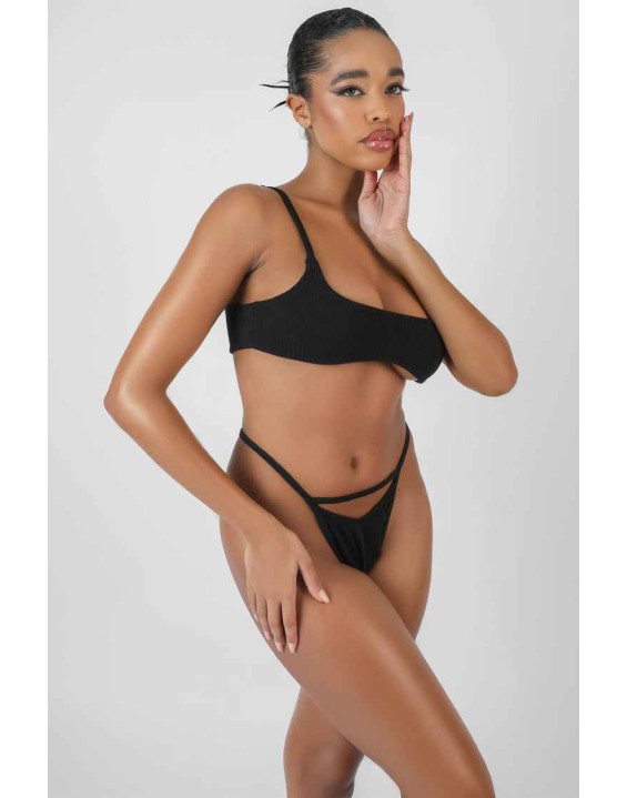 Cut Out V Front Thong Black