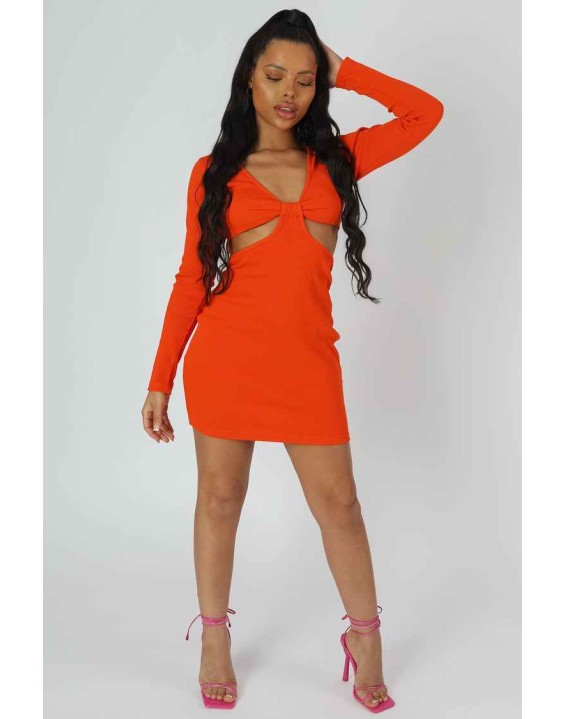Waist Cut Out Long Sleeve Mini Dress Orange