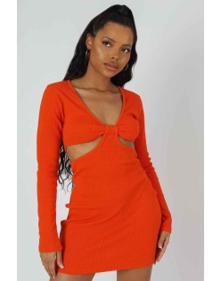 Waist Cut Out Long Sleeve Mini Dress Orange
