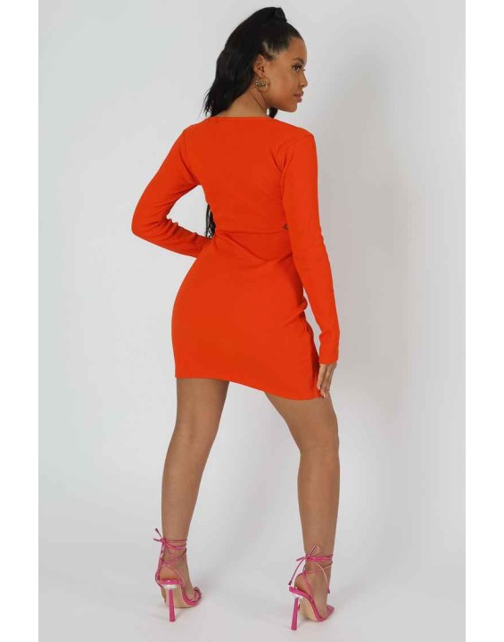 Waist Cut Out Long Sleeve Mini Dress Orange
