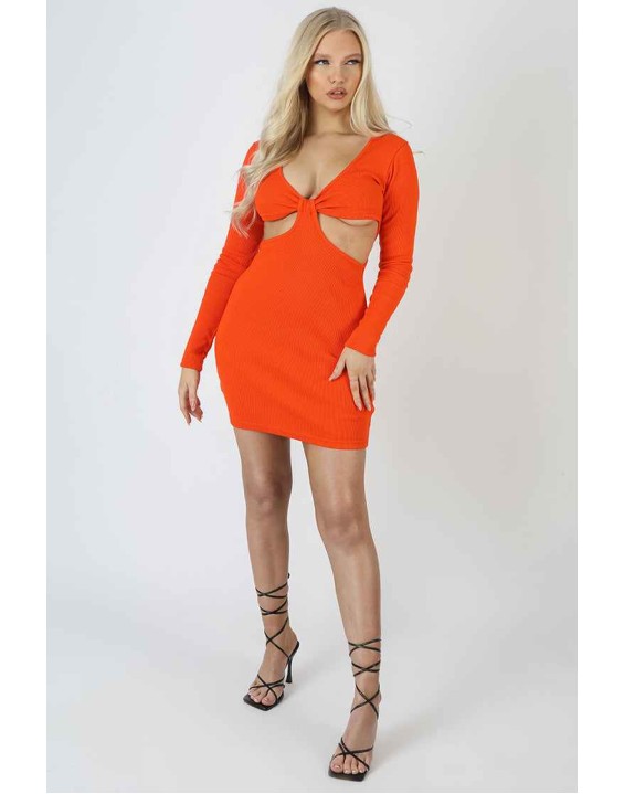 Waist Cut Out Long Sleeve Mini Dress Orange