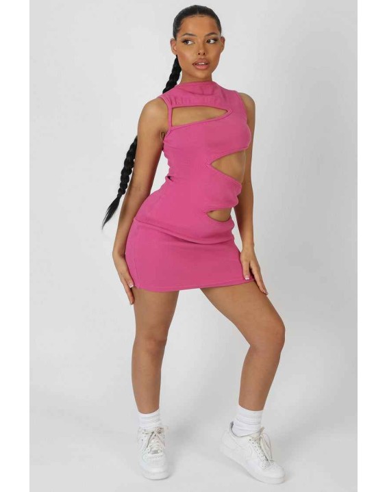 Asymmetric Cut Away Mini Dress Magenta