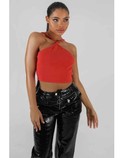 Halter Neck Strappy Crop Top Coral
