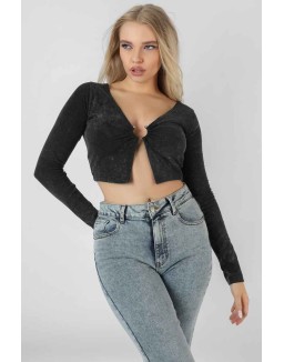 Long Sleeve Bullring Detail Crop Top Black