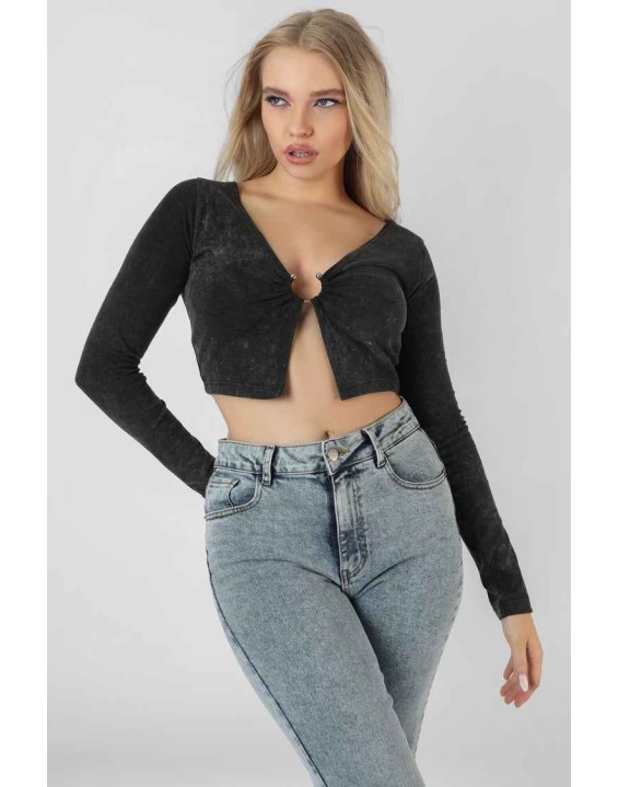 Long Sleeve Bullring Detail Crop Top Black