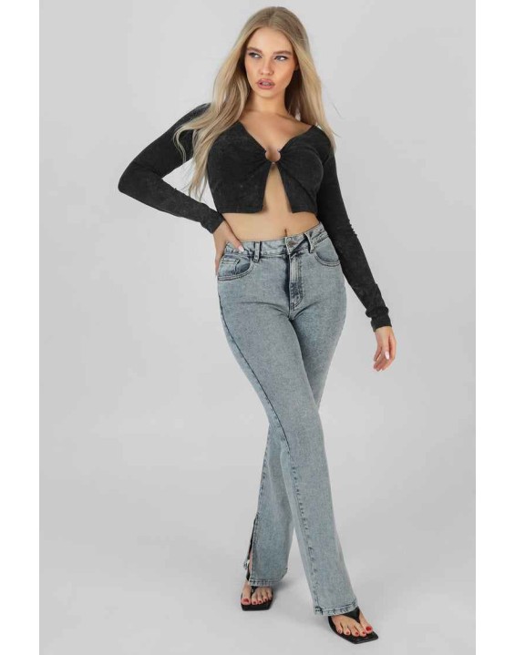 Long Sleeve Bullring Detail Crop Top Black