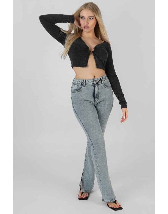 Long Sleeve Bullring Detail Crop Top Black