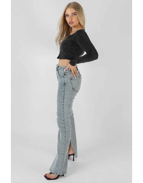 Long Sleeve Bullring Detail Crop Top Black