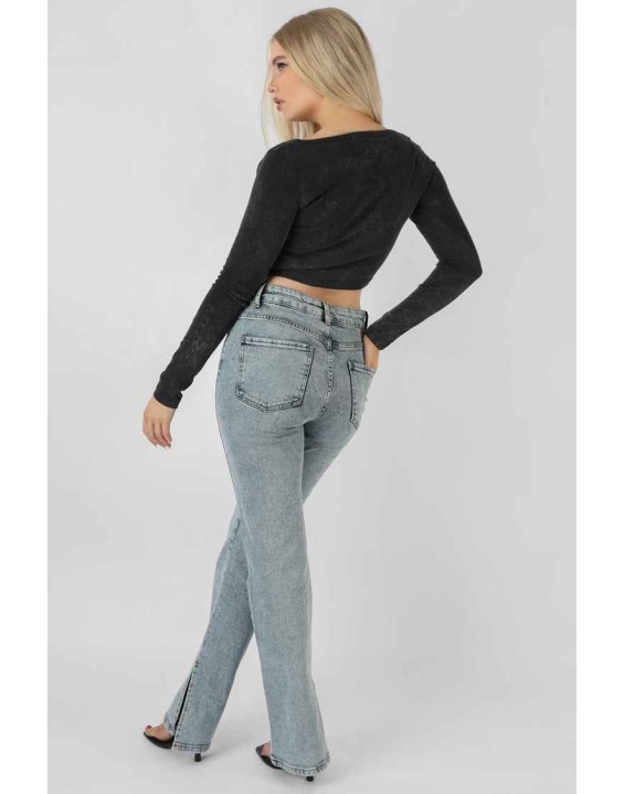 Long Sleeve Bullring Detail Crop Top Black