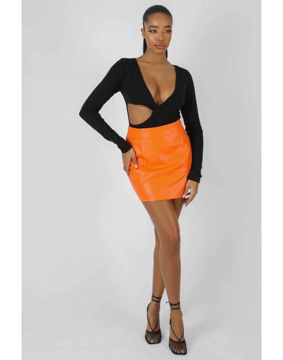 Twist Bust Waist Cutout Bodysuit Black