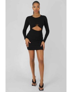 Bull Ring Detail Long Sleeve Mini Dress Black